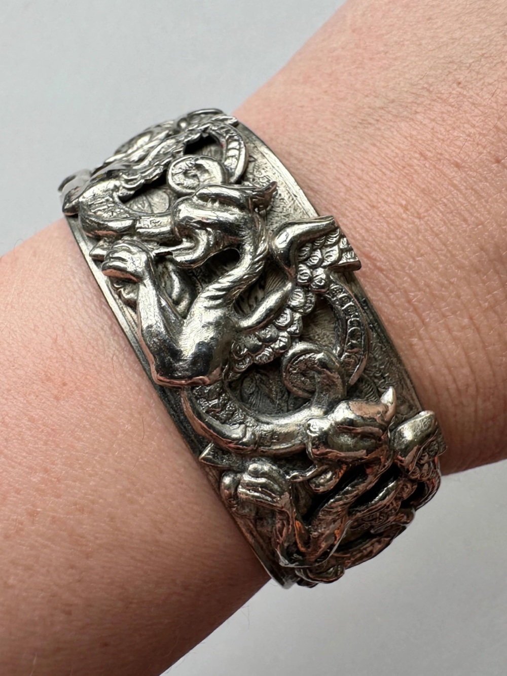 Vintage Gothic Art Noveau Sterling Silver Plated Dragon Cuff Bracelet OOA